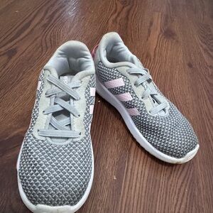 adidas Gray Knit Sneakers with Pink Stripes